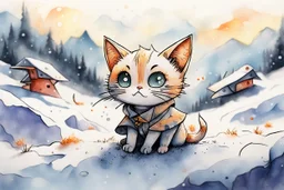 cute chibi anime frightened cat, crashed airplane in the snowy mountains, styles of Paul Klee Dee Nickerson and Tim Burton, melting watercolor and black ink outlines on wet paper, soft, shading strokes, in sunshine, ethereal, otherwordly, cinematic postprocessing, bokeh, dof