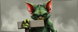 air brush 3d with pen outline, mongrel goblin gremlin looking at sign with big cute cat monster with blurred shadow outline, charcoal fog border