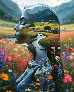 The picture shows a black-and-white space in which there is a (((glass figure of a girl))), shining through. ((Transparent glass body)). Behind her transparent glass figure, an amazingly beautiful colorful landscape opens with a field of summer flowers, a river and several rural houses on the shore. Rich colors, detailed work, long glass hair,, closed eyes. Surrealism. The inside is bigger than the outside. Modifiers: digital painting elegant fantasy very attractive beautiful poster award winnin