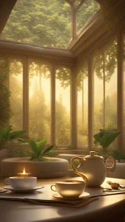 Create an image of a cozy living room overlooking a garden. There is a steaming cup of coffee on a table and soft music is playing in the background. It's a magical atmosphere in soft colors with gold., Miki Asai Macro photography, close-up, hyper detailed, trending on artstation, sharp focus, studio photo, intricate details, highly detailed, by greg rutkowski