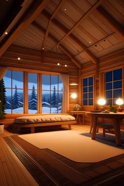 a double suitable living room with a portable floor with classic ceiling window two side log cabin, interiors design, lightning surrounding,outside is a glowing snow -covered landscape.