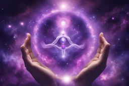 kundalini, connected to the universe, purple galaxy, holding universes in hands