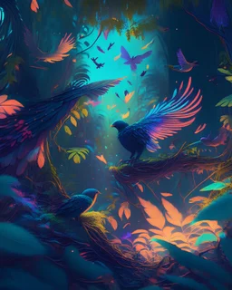 A lush, fantastical forest where trees have leaves made of colorful feathers, and bioluminescent flowers carpet the ground. Majestic, winged creatures glide gracefully overhead, their songs harmonizing with the gentle rustle of the feathered foliage. 8K resolution and a vivid color palette make this image enchantingly immersive.