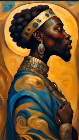 Side profile of an African King with her aspirations behind her standing . Holding her man hugging with love and romance,Opulent Van Gohn style painting