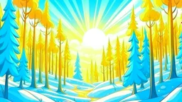 fantasy cartoon: sunny sky over the winter forest