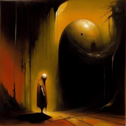 Style by Graham Sutherland and Santiago Caruso, surreal horror art, nightmare residues of a shining dark portal, orange and yellow hues, abstract shy unnatural paradox philosophical homunculi, unsettling, asymmetric abstractions, juxtaposition of the uncanny and banal, diagonal composition, sharp focus, smooth, never seen before art from beyond