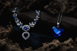 photo of a wonderful sapphire blue heart diamond necklace underwater the sea in front of the wreckage of the sinking ship, submerged down the very dark ocean. The jewel shines brightly in a beam of strong volumetric light from above is surrounded by falling debris of wood, metal, glass objects, sharp contrast between the shiny necklace in light and the dark, black sea in background. dramatic effect, cinematic, masterpiece