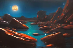 Rocks, night, 2000's sci-fi movies influence, otto pippel impressionism painting