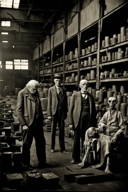 1900's black and white vintage photo, interior, working alien organ manufacturing factory warehouse, unhappy and angry,stange long grey alien human hybrid creature with a family that is sad, captured on square format film, grainy, aged, old men depressed, tired, 1900 fadded