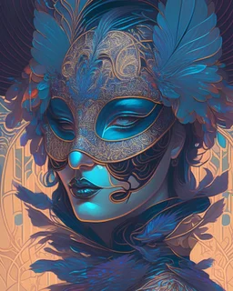 centered detailed portrait of a masked woman wearing a venetian mask, vibrant peacock feathers, intricate, elegant, highly detailed, digital painting, artstation, smooth, sharp focus, illustration, illuminated lines, outrun, vaporware, intricate venetian patterns, cyberpunk darksynth, by audrey kawasaki and ilya kuvshinov and alphonse mucha