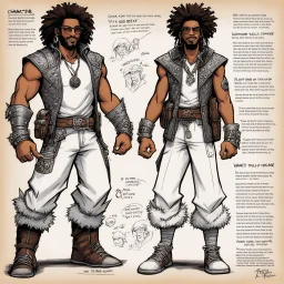 character concept sheet with AD&D statistics and characteristics, [illustration by Kevin Eastman and Peter Laird] when i walk on by, girls be looking like, "damn, he fly" i pimp to the beat, walking down the street in my new lafreak yeah, this is how i roll, animal print, pants outta control it's redfoo with the big afro and like bruce leroy, i got the glow, yeah
