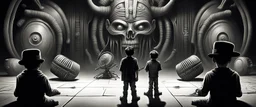 maga hat boy facing the native american drummer like in the press in the style of giger and escher and fallout 4