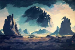 planet, person, mountains, rocks, sand, desert, space, vegetation, distant mountains, edouard manet and otto pippel painting