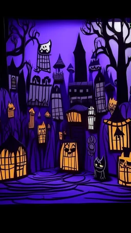 A purple Halloween town with Jack-o'-lanterns and ghosts designed in Javanese shadow puppets painted by Edvard Munch