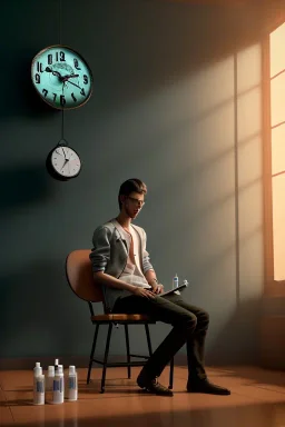 A young man sitting on a chair giving himself an injection, medicines and drugs on the table next to him, a clock on the wall, 8k, finely detailed, photo realistic.