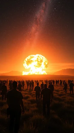 A field of random people in a bright lighting , at the end of the picture a dark sky with a glowing stars sky in the background with a huge nuke explosion in the back