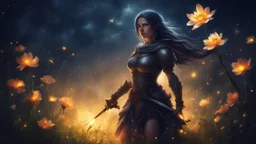 Woman Warrior, flower, night, fireflies