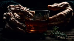 close up photo from an old woman's wrinkled hands holds one brown herb water in vintage water glass with , thriller, sinister , old witch interior, dark mood, perfect photo