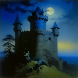 A dark blue castle with a dragon guarding it painted by Birge Harrison