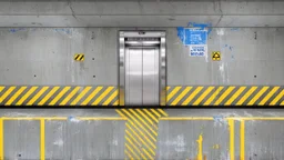 wall design for parking garage, concrete, yellow marking lines, hazard lines, weathering and water stains, realistic elevator doors in middle. a sign is above the elevator doors. rough painted hashmarks and parking lines