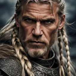 portrait of a 50-year-old viking ,blonde beard with grey highlight and long blond hair with Two small braids. Rugged face with a scar on his cheek, modern fantasy