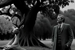 Al estilo visual de la primera temporada de la serie True Detective, un hombre frente a una tumba junto a un gran árbol, sobre la tumba una cornamenta de ciervo, fotografía en blanco y negor. Disparo con cámara Leica