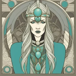 stylized viking queen in the style of tarot and art deco, turquoise and grey colours