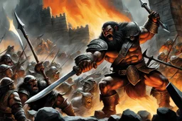 (photo of a movie by Ray Harryhausen) Heavy metal fantasy illustration. Epic dynamic spread, graphic novel style (like Frank Frazetta/Métal Hurlant). Subject: Chaotic battle scene during Dwarven defense against Orcs on the fortified wall. Foreground: Gritty, muscle-bound Dwarven warrior with flame-beard swinging an axe into an Orc helm, intense rage expression. Midground: Phalanx of armored Dwarves defending battlements, dropping stones and tar. Background: Endless tide of attacking Orcs with sc