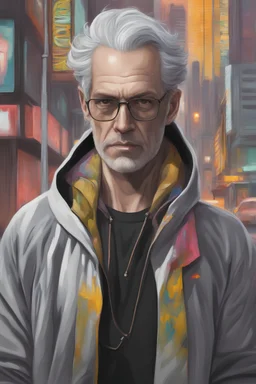 Balding gray hair the andy andersson Hoodie on who draws on style Pop Art psychology oil paiting In depth psychology display in the background in the city artgerm display Gustav Klimt style artgerm display in the Miami Vice the 2024th century oil paiting. and the city itself seemed like a big illusion, full of light and shadows GTA VI Miami Vice city the 2024th century