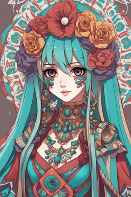 ultra detailed, cel shading, line art, Hatsune Miku, (dia de muertos makeup), traditional Mexican clothing, close up portrait, 32k, art by Calua98, detailed colors, digital art, high resolution,