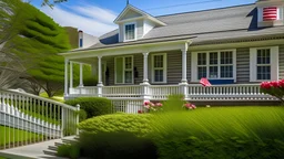 An American flag flies from the open porch and gardens surround a small single family home on a Spring afternoon on Cape Cod on the Massachusetts coast.