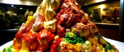 A mountain made out of meat painted by Antoni Gaudi
