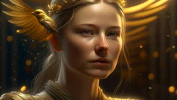 layering, fantasy, mysticism, portrait of a woman-bird, glare, gold, glow, 8K, 3D, fine rendering, high detail, hyperrealism, high resolution, layering, hyperdetail, hyperfocus, vignette