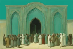 a group of people outside a gothic_arab glass gate in a turquoise wall by artist "Richard Dadd",by artist "de Chirico", highly detailed