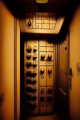 vista interior de un ascensor con los botones de llamada al sotano13 pergamino antiguo color ocre