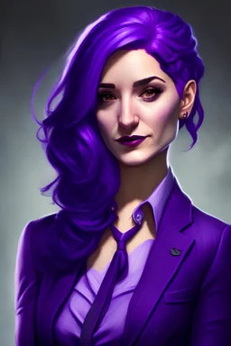 A hot and young debater woman with purple hair and purple dress and purple eyes