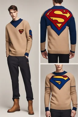 a men winter fashion runway Superman with industrial clothes inspired by Superman Emblem style, embroidery sweaters fashion beige tones