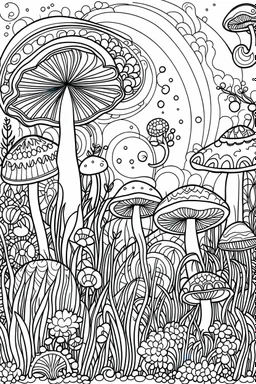 STRESS RELIEF themed coloring page for adult, cartoon style, thick outline, low details, no shading, no color, A delicate pattern of softly glowing mushrooms in a moonlit meadow