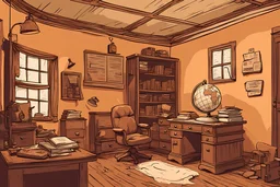 office, Work desk, map globe, village house, old room, minimal, Letters, digital painting, vector, illustration, politics, 1900 AD, old,COLORS, cartoon