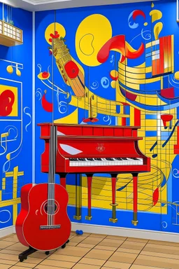 Create handpainted wall mural featuring musical instruments and notes in dynamic cubes. Choose a melodic palette with royal blue, fiery red, and golden yellow for a vibrant and harmonious composition.