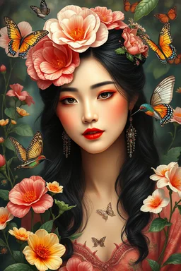 A very beautiful Chinese woman in the garden , unusual flowers, very cute, smooth, active sequins, colourful butterflies and hummingbirds elegant fantasy, intricate, 8k, oil on canvas, beautiful, high detail, fantastic view, hyperrealistic, over-detailed, clear quality, colorful, artgerm, Alphonse Mucha, Catherine Abel. Catherine Welz Stein. Dmitry Vishnevsky. Gustav Klimt, R. Giger. Jacek Yerka. Josephine Wall, Carrie Ann Baade