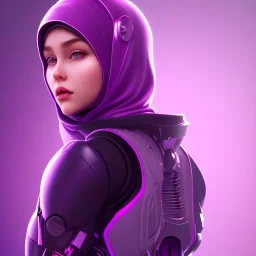 Cute girl face in hijab, Sci-fi character, purple backlight, pink and purple, scifi suit, profile, purple background, pink lighting