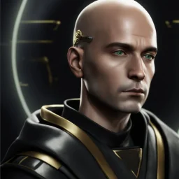 star wars bald male corellian jedi pilot wearing gunmetal grey and black old republic armored robes with gold trim inside the jedi temple holding a lightsaber with viridian green blade in left hand, centered head and shoulders portrait, hyperdetailed, dynamic lighting, hyperdetailed background, 8k resolution, volumetric lighting, light skin, fully symmetric details