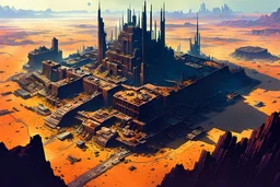 aerial view illustration of the battle torn ruins of a vast grungy , rusted, post apocalyptic fortress city, set in the wastes of an unknown desert planet, in the sci fi style of Sparth, Dan McPharlin and the comic book graphic style of Jean-Giraud Moebius, finely lined, highly detailed gritty textures, in vivid natural colors