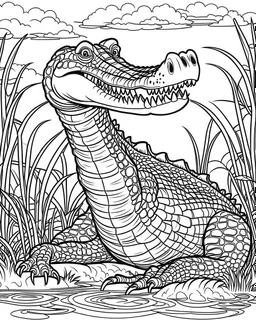 create a 2d black outline, "safari crocodile coloring book for kids ", coloring page, low details design, black contour, coloring page design, simple background, colorful , card style, coloring page for kids, white background, sketch style, cartioon style, safari landscape