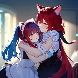 Clear Focus, High resolution, wearing a maid uniform, fluffy hair and a long ponytail, blue hair, cat ears, meowing, hugging another girl with red long fluffy hair also wearing a maid outfit