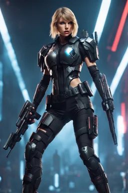 Full body image of a army cyberpunk cyborg beautiful Taylor Swift,good body,lighting background