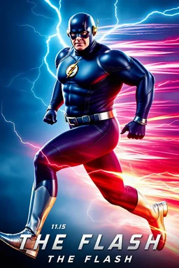 1/4 side view, looking at the viewer, Movie Poster - "THE FLASH" - A massive, thick, extremely muscular, 7'8" tall man, ((skintight, formfitting, long-sleeved, Blue spandex bodysuit:1.5)), ((Silver knee-high boots:1.5)), ((Silver wrist gauntlets, blue fingerless gloves, silver, double holstered utility belt:1.5)), ((skintight, formfitting, blue spandex helmet with blue eye disguise,:1.5)), Running, multicolored lightning emanating from his body, an overly exaggerated muscular stature
