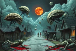 h.r giger style art, aliens attacking a small town and killing the inhabitants, blood and corpses