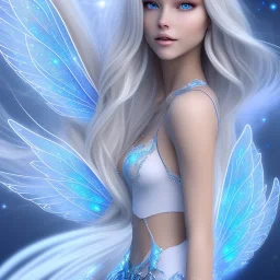  beautiful, soft, smiling, long and straight blonde hair, bluish background, fairy wings on the back